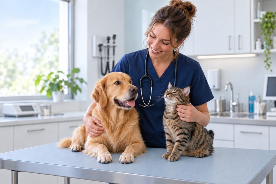 Eine Tierärztin mit Hund und Katze in einer hellen Praxis